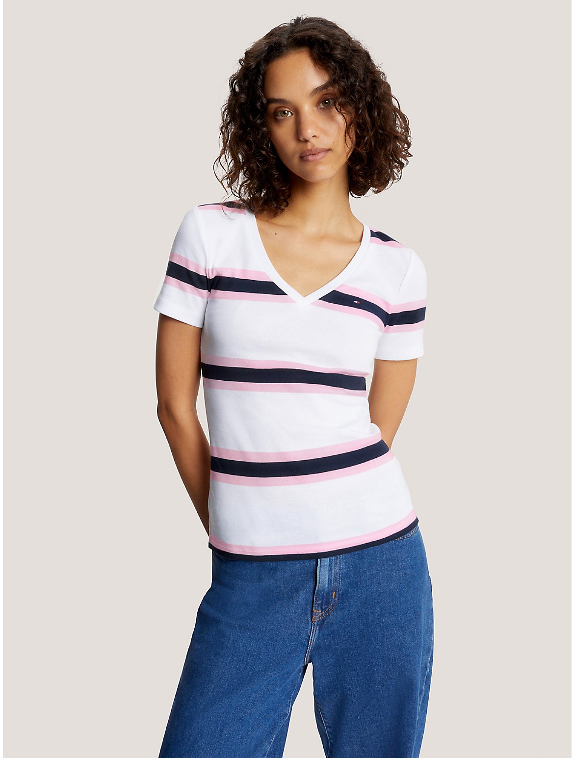 Tommy Hilfiger Women's Slim Fit Favorite Stripe V-Neck T-Shirt