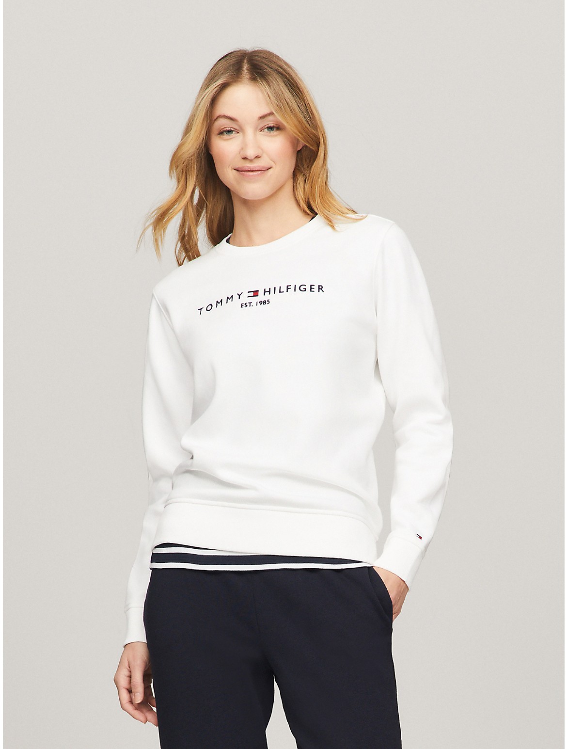 Shop Tommy Hilfiger Embroidered Tommy Logo Sweatshirt In Optic White Th