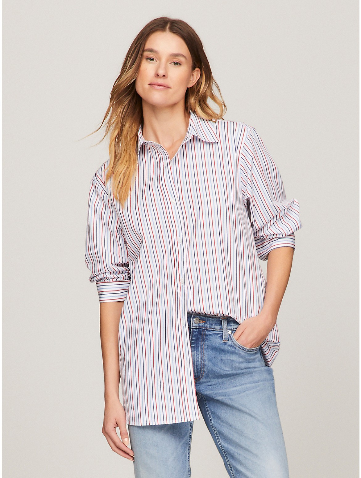 Shop Tommy Hilfiger Oversized Stripe Shirt In Optic White Th Multi