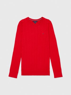 Cotton Cable Knit Sweater, Primary Red