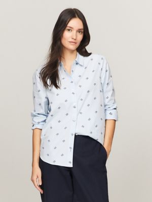 Tommy Hilfiger Women's Plus Short Sleeve Camp Shirt, Printed Pindot,  BLUEBRY Multi at  Women's Clothing store