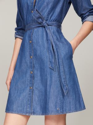Long-Sleeve Belted Denim Shirtdress, Medium Wash