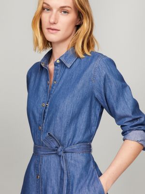 tommy hilfiger belted denim shirt dress Belted Denim Midi Dress