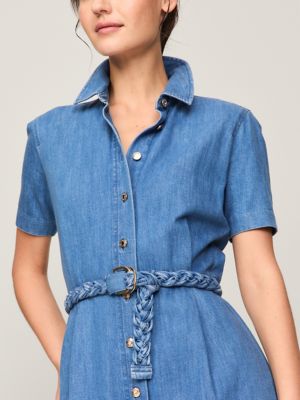 Belted denim fashion shirt dress