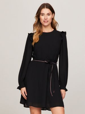 Belted Ruffle Trim Crepe Mini Dress