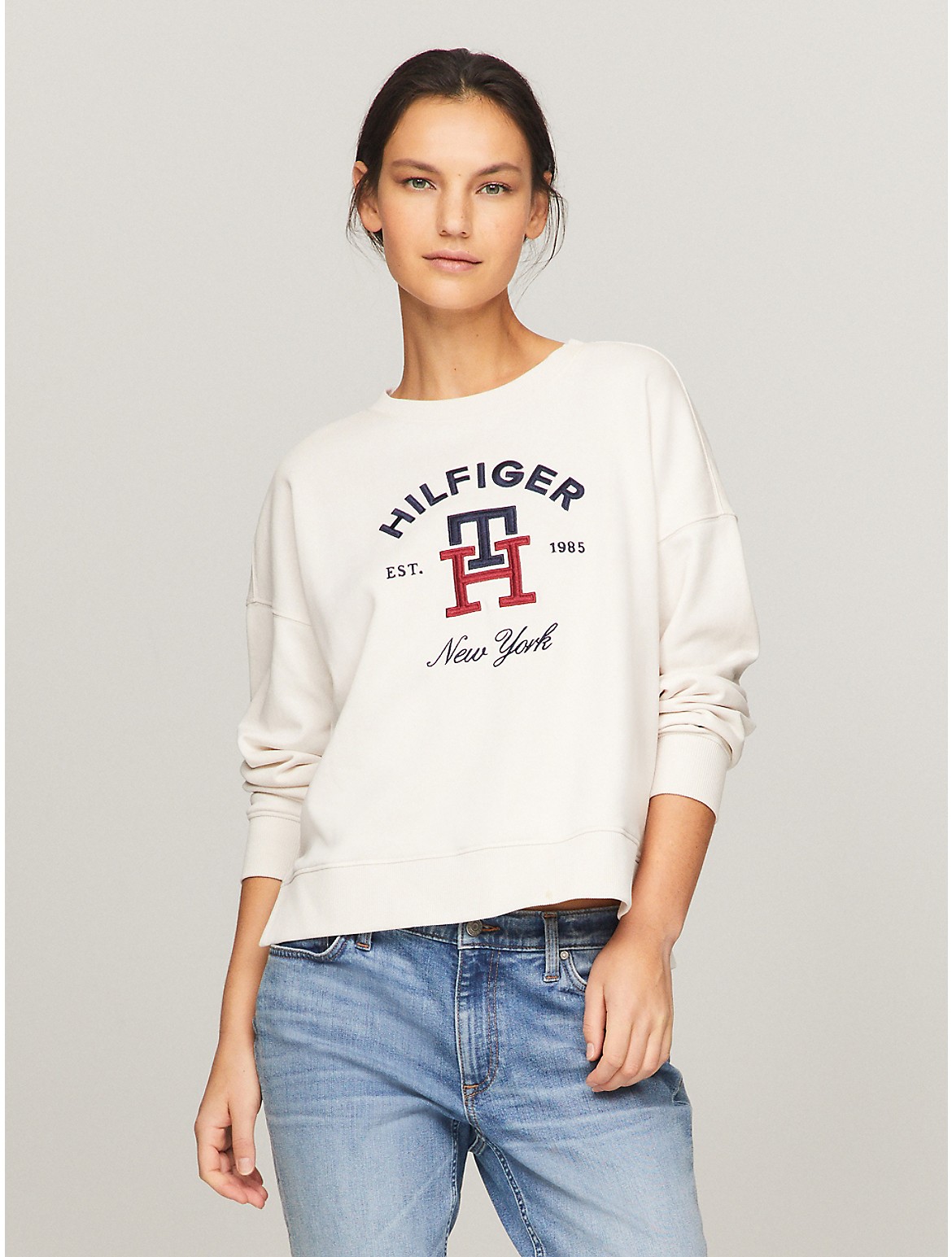 Shop Tommy Hilfiger Embroidered Arch Logo Sweatshirt In Weathered White