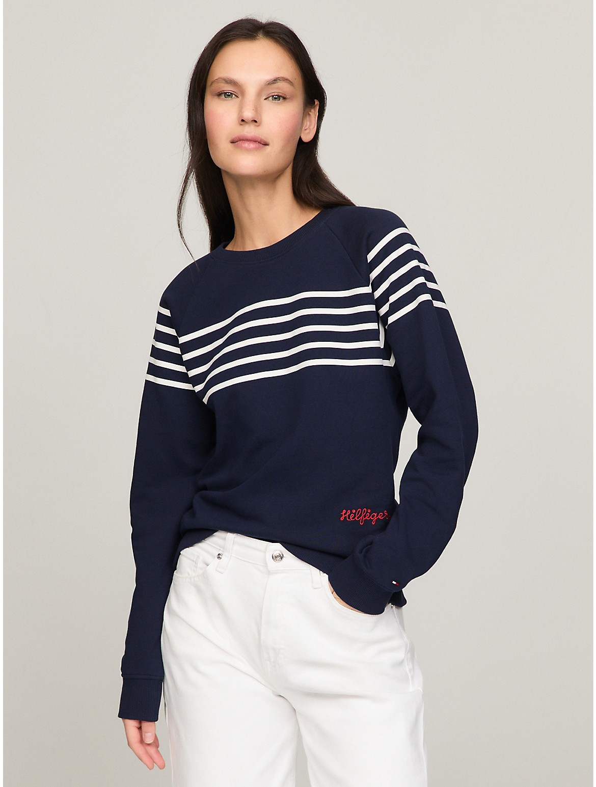 Tommy Hilfiger Embroidered Logo Stripe Sweatshirt In Carbon Navy