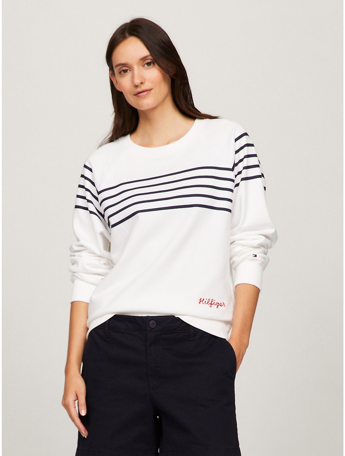 Tommy Hilfiger Embroidered Logo Stripe Sweatshirt In Optic White Th