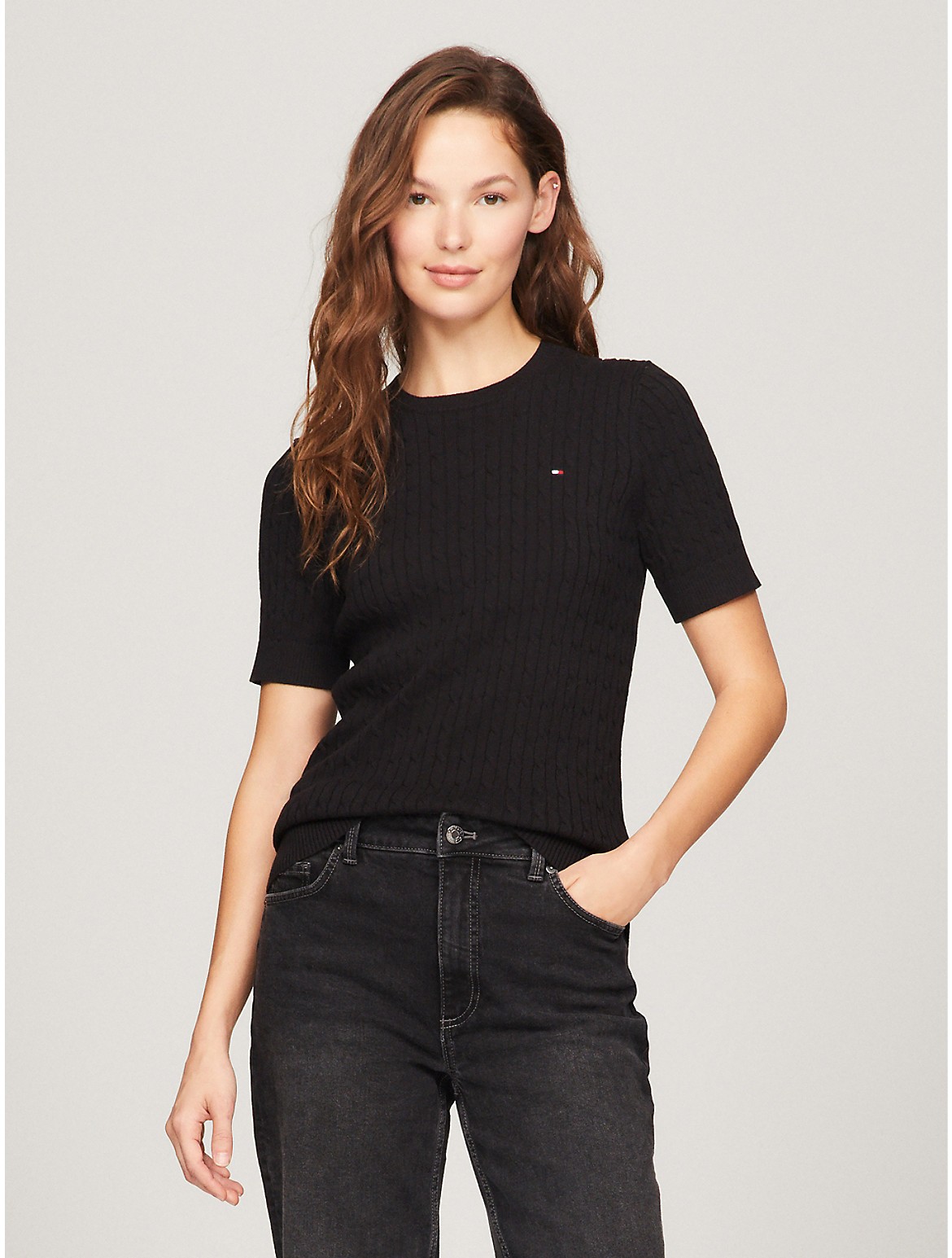 Tommy Hilfiger Women's Short-Sleeve Cable Sweater - Black - XXS