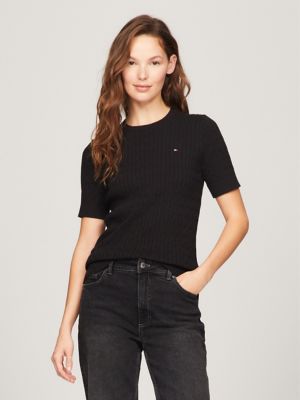 Short-Sleeve Cable Knit Sweater