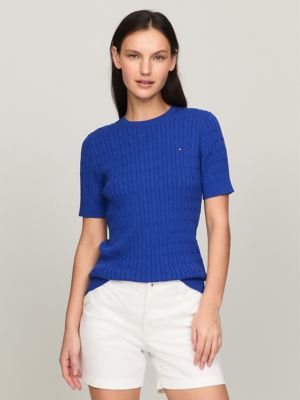 Short-Sleeve Cable Knit Sweater, Royalty
