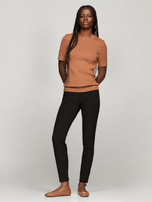 Short-Sleeve Cable Knit Sweater, Natural Cognac