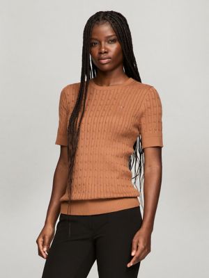 Short sleeve cable knit sweater hot sale