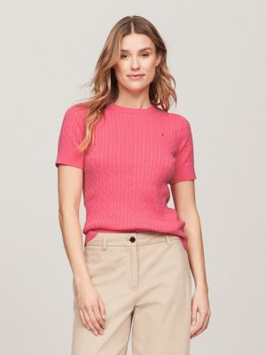 Short-Sleeve Cable Knit Sweater, Glamour Pink