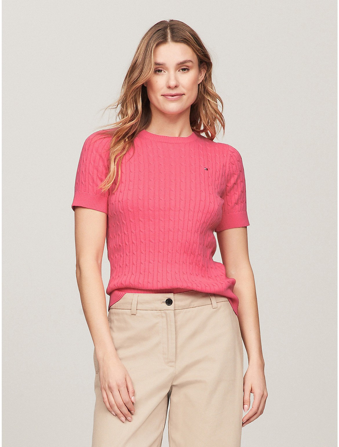 Tommy Hilfiger Women's Short-Sleeve Cable Sweater - Pink - S