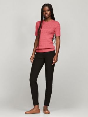 Short-Sleeve Cable Knit Sweater, Light Crimson