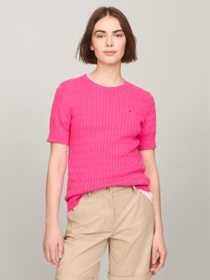 Short-Sleeve Cable Knit Sweater, Pink Passion