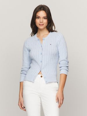 Long-Sleeve Solid Cable Knit Cardigan, Breezy Blue