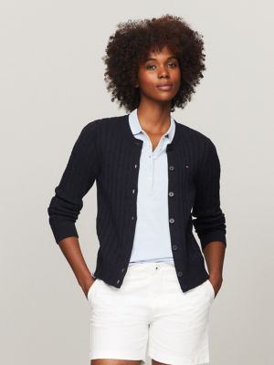 Long-Sleeve Solid Cable Knit Cardigan, Navy