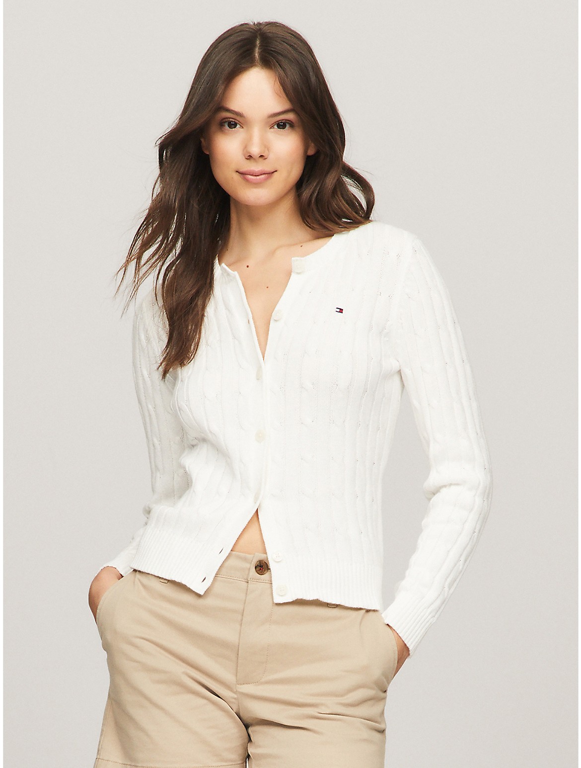 Tommy Hilfiger Women's Long-Sleeve Solid Cable Knit Cardigan - White - XL