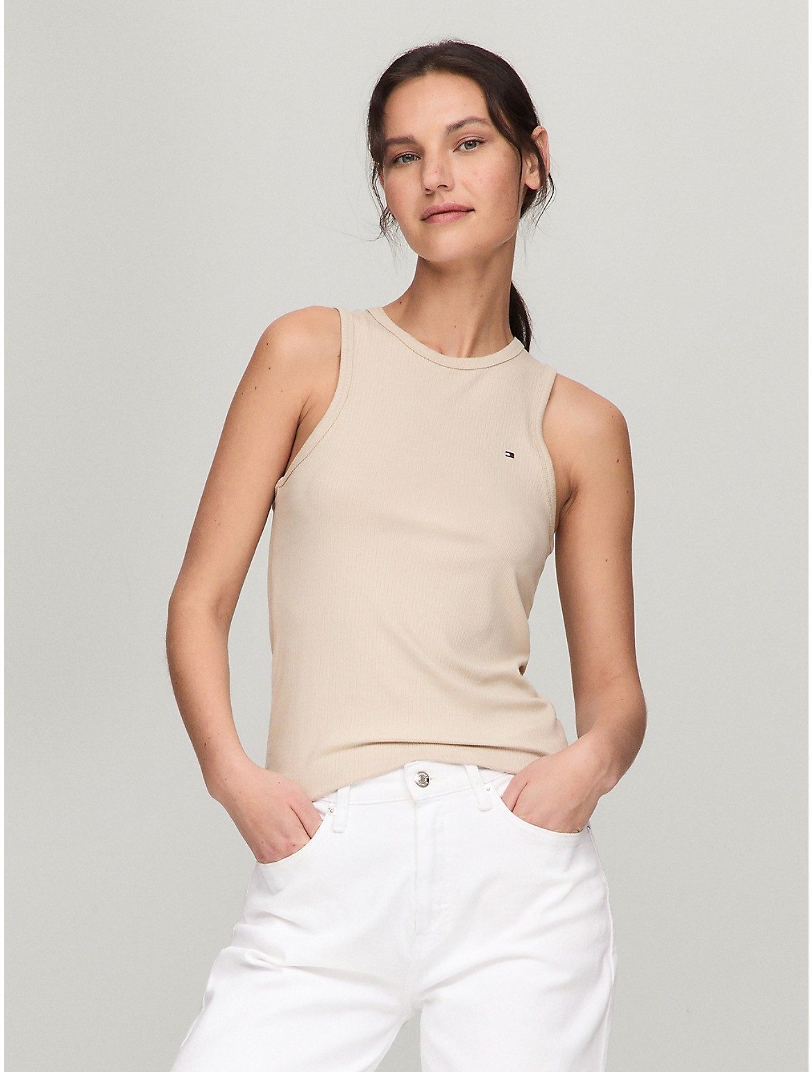 Shop Tommy Hilfiger Slim Fit Solid Ribbed Stretch Tank Top In Tea Biscuit