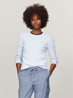 Long-Sleeve Cable Knit Sweater, Breezy Blue