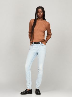 Long-Sleeve Cable Knit Sweater, Natural Cognac