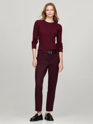 Long-Sleeve Cable Knit Sweater, Deep Rouge