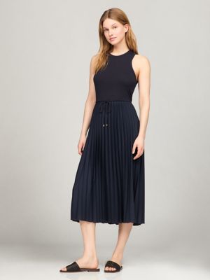 Sleeveless Pleated Midi Dress, Navy