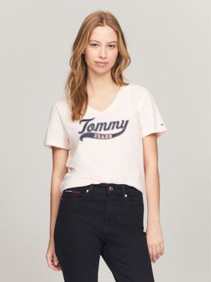 Tommy Hilfiger T-Shirt Womens Size Large L Navy Relaxed Fit Logo Graphic V  Neck