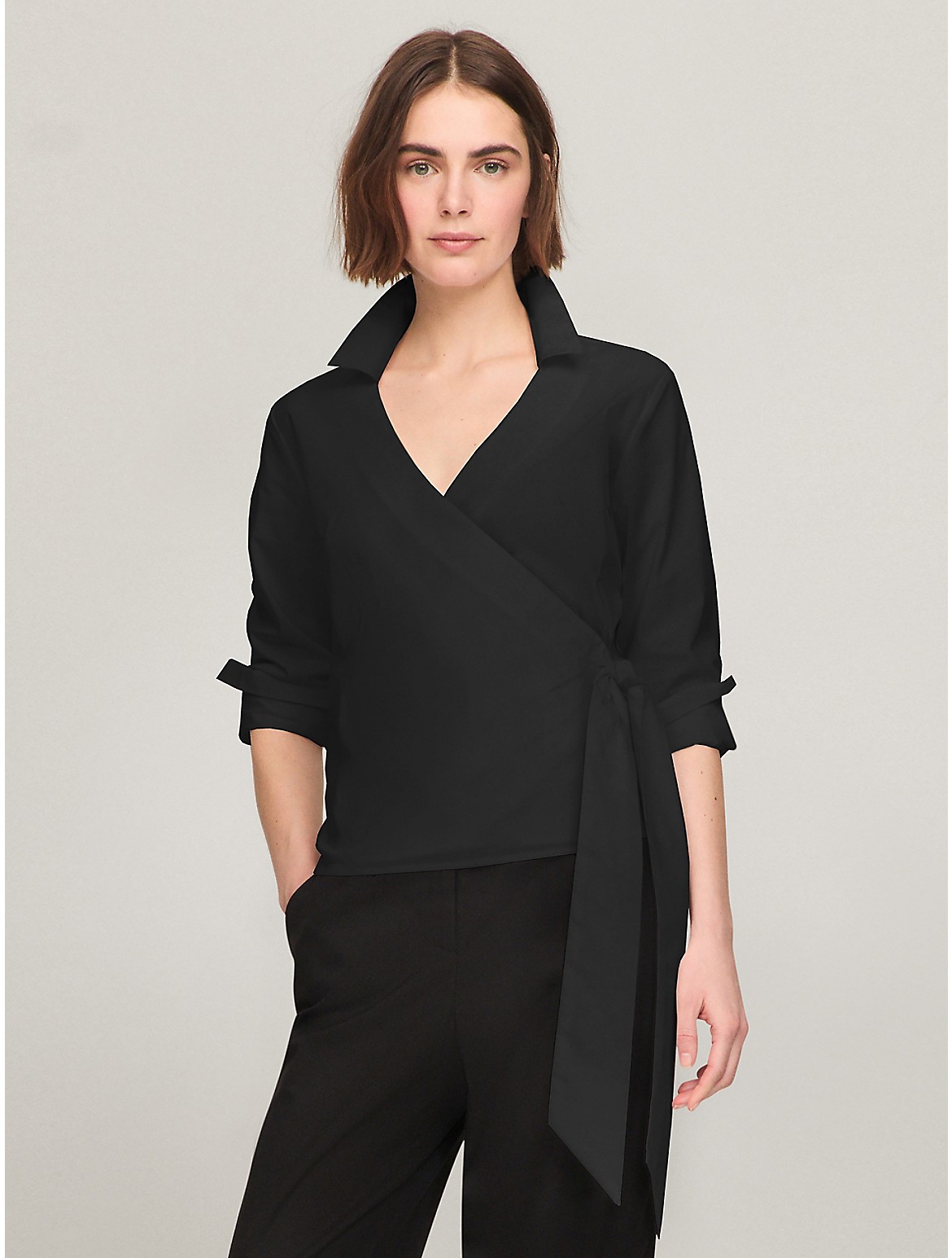 Tommy Hilfiger Solid Stretch Cotton Wrap Top In Black