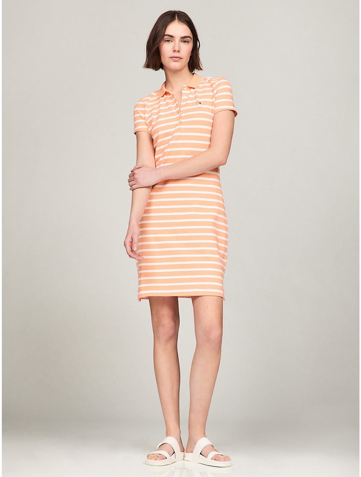 Shop Tommy Hilfiger Slim Fit Stripe Stretch Polo Dress In Tuscan Melon Multi