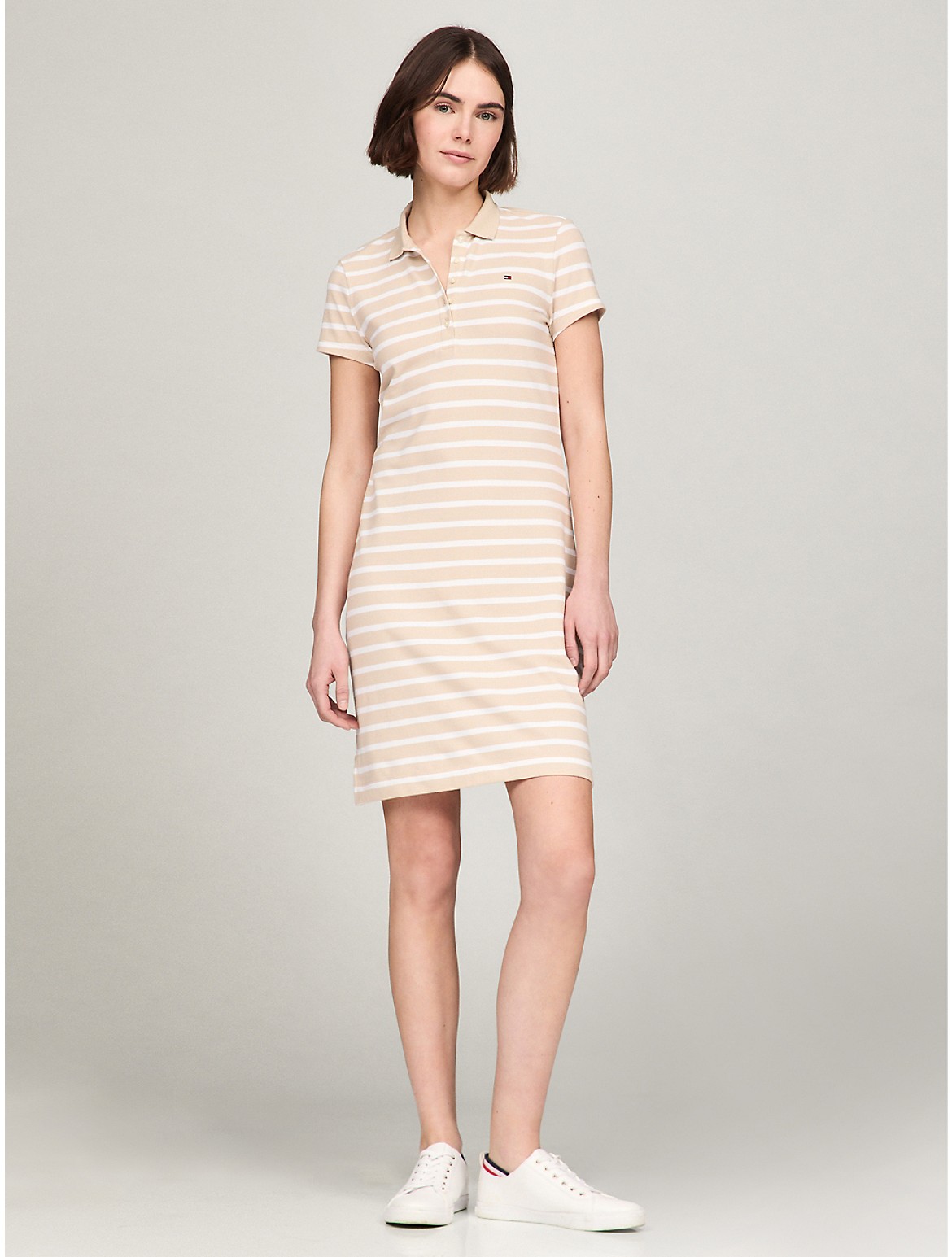 Shop Tommy Hilfiger Slim Fit Stripe Stretch Polo Dress In Tea Biscuit Multi