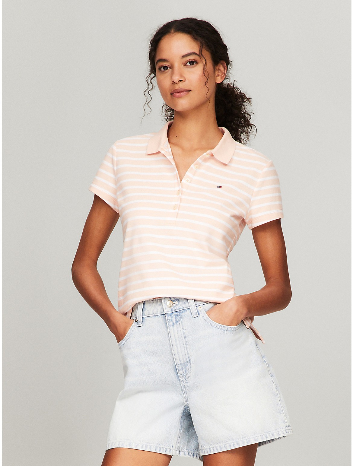 Tommy Hilfiger Women's Slim Fit Stripe Stretch Cotton Polo - Orange - XS