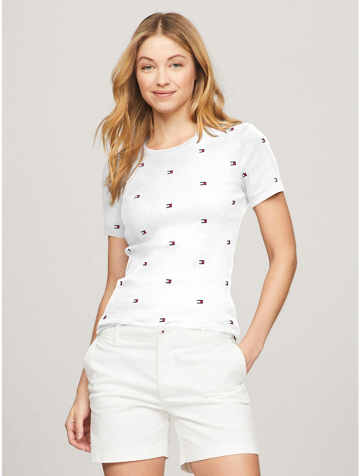 Tommy Hilfiger Women's Favorite Allover Flag Logo T-Shirt - White - XXS