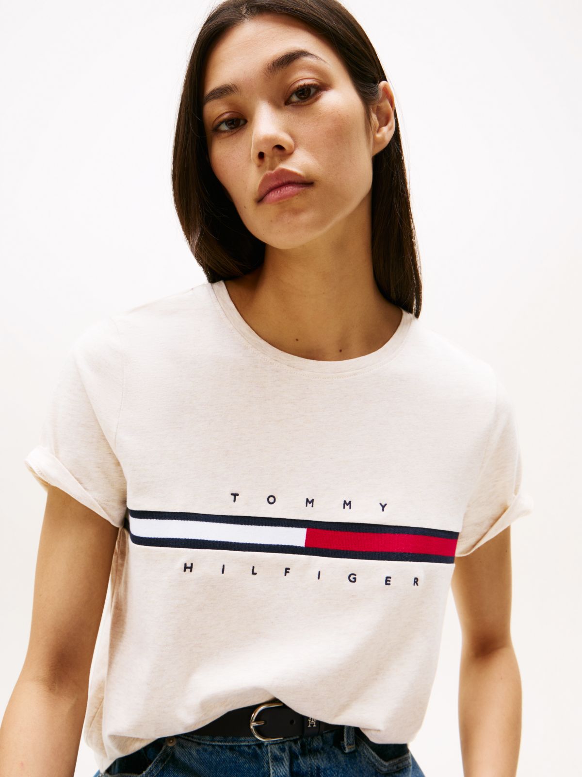 Embroidered Flag Stripe Logo T-Shirt — Beige Heather