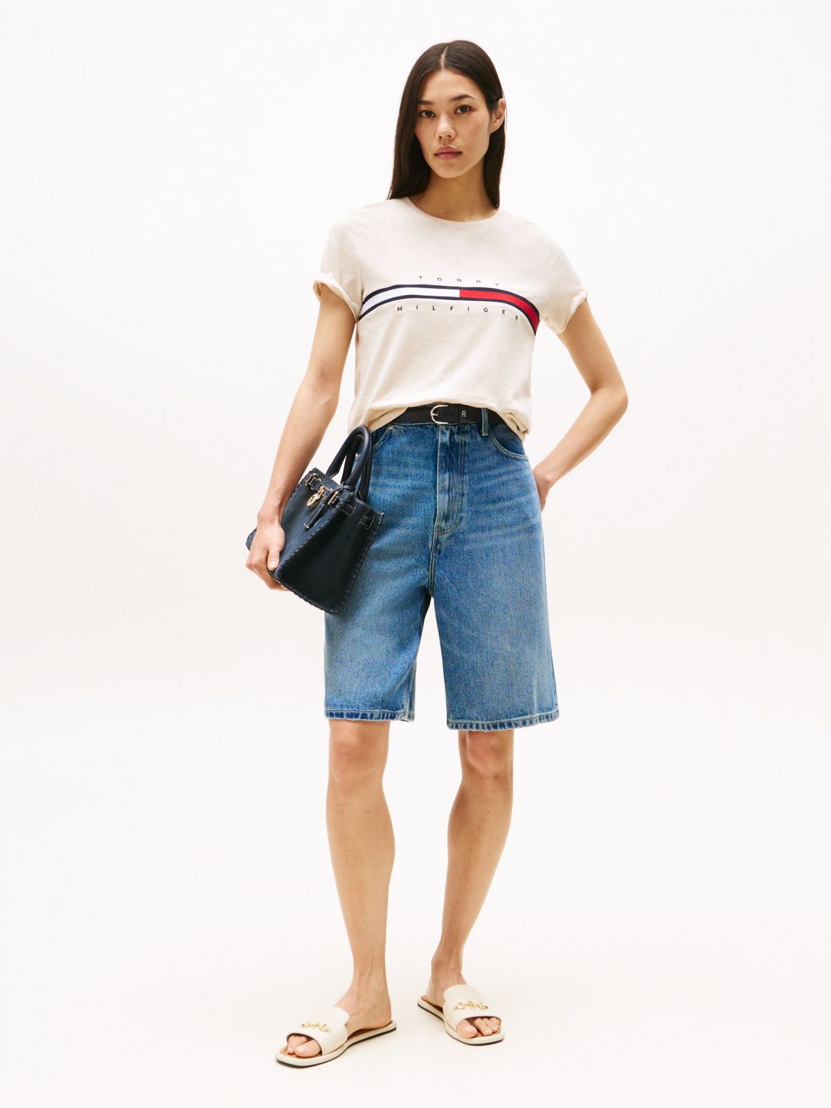 Embroidered Flag Stripe Logo T-Shirt — Beige Heather