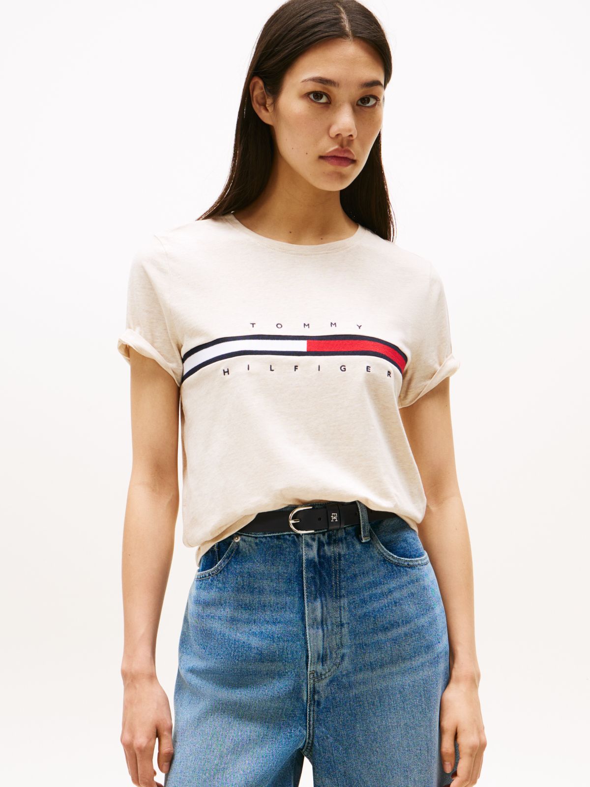 Embroidered Flag Stripe Logo T-Shirt — Beige Heather