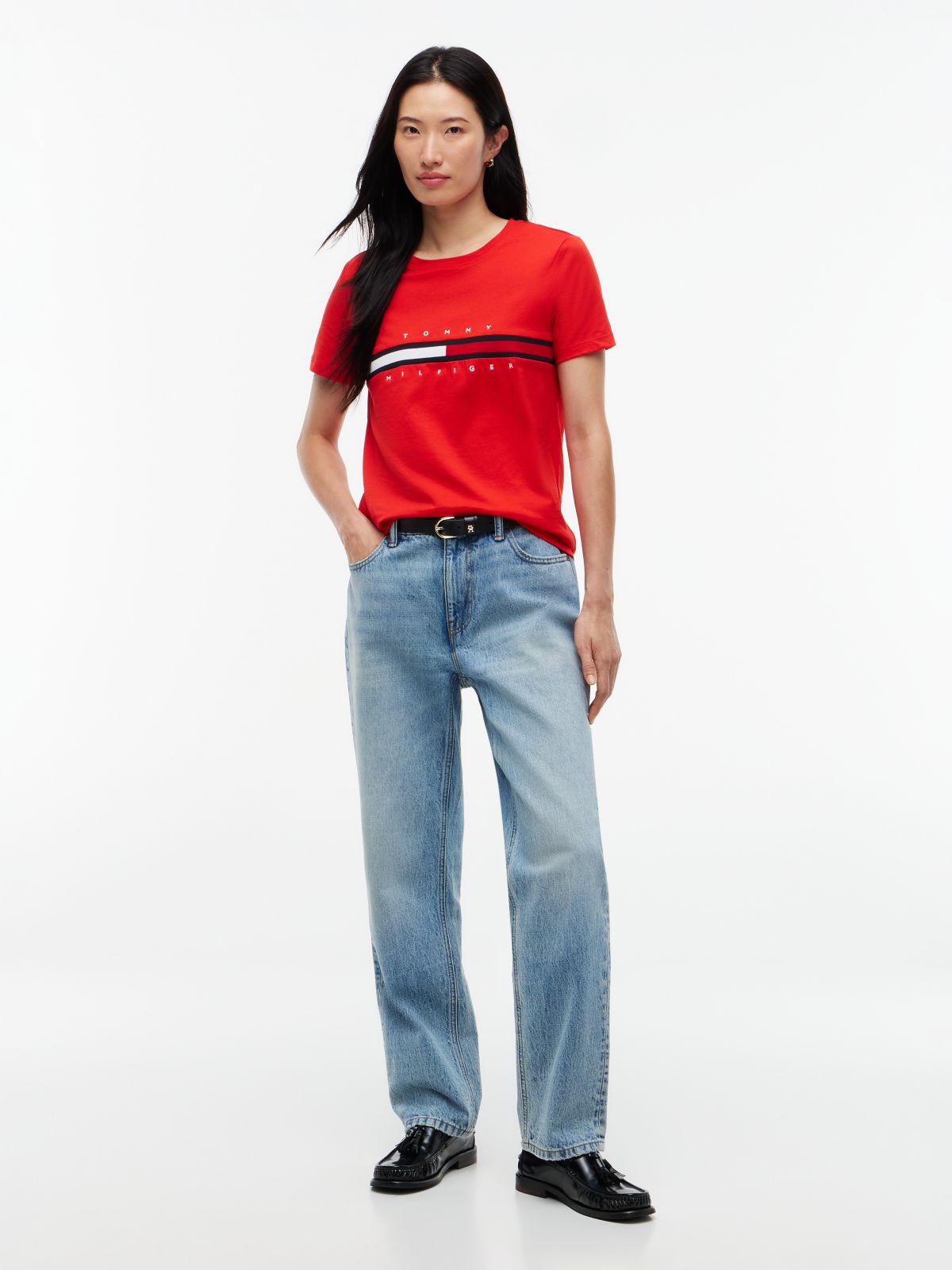 Embroidered Flag Stripe Logo T-Shirt — Deep Crimson