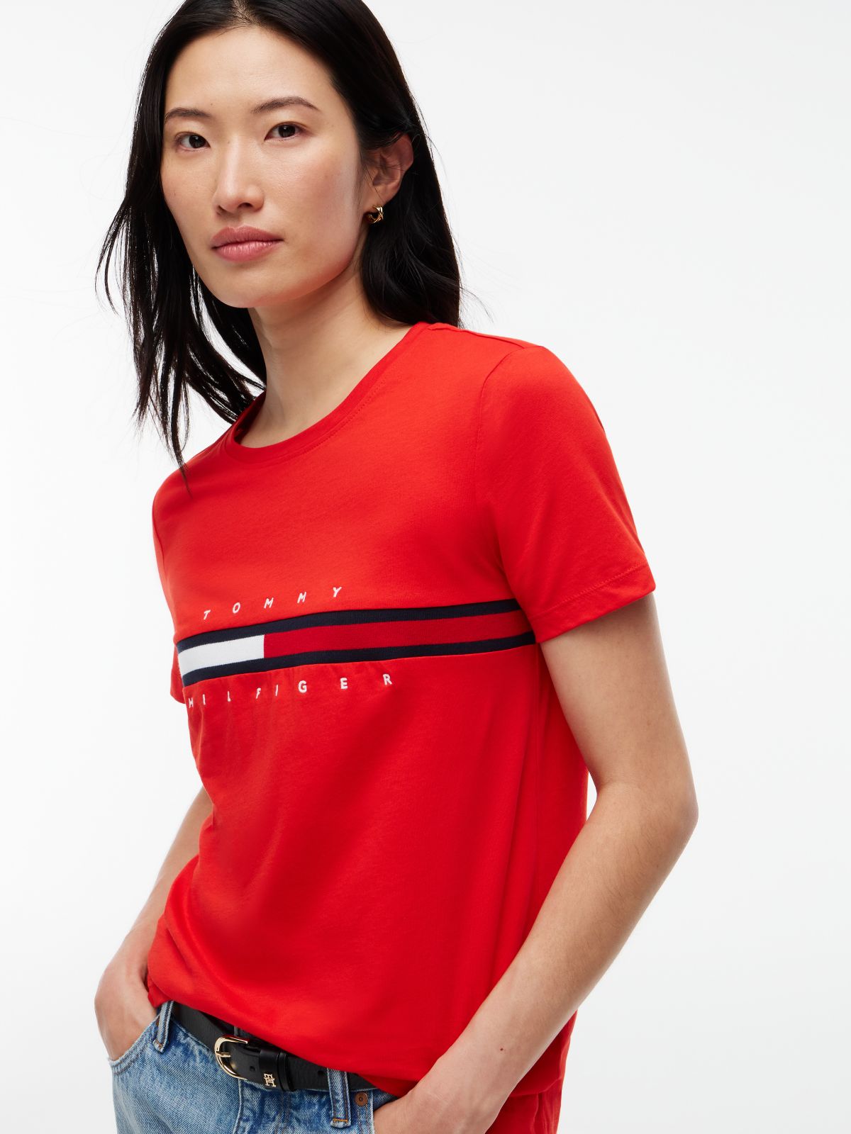 Embroidered Flag Stripe Logo T-Shirt — Deep Crimson