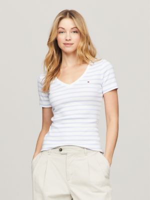 Stripe V-Neck Favorite T-Shirt, Breezy Blue