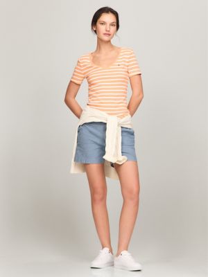 Stripe V-Neck Favorite T-Shirt, Tuscan Melon Multi