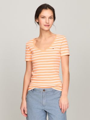 Stripe V-Neck Favorite T-Shirt, Tuscan Melon Multi