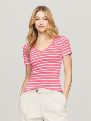 Tommy Hilfiger Women's Slim Fit Favorite Stripe V-Neck T-Shirt - Pink - XL