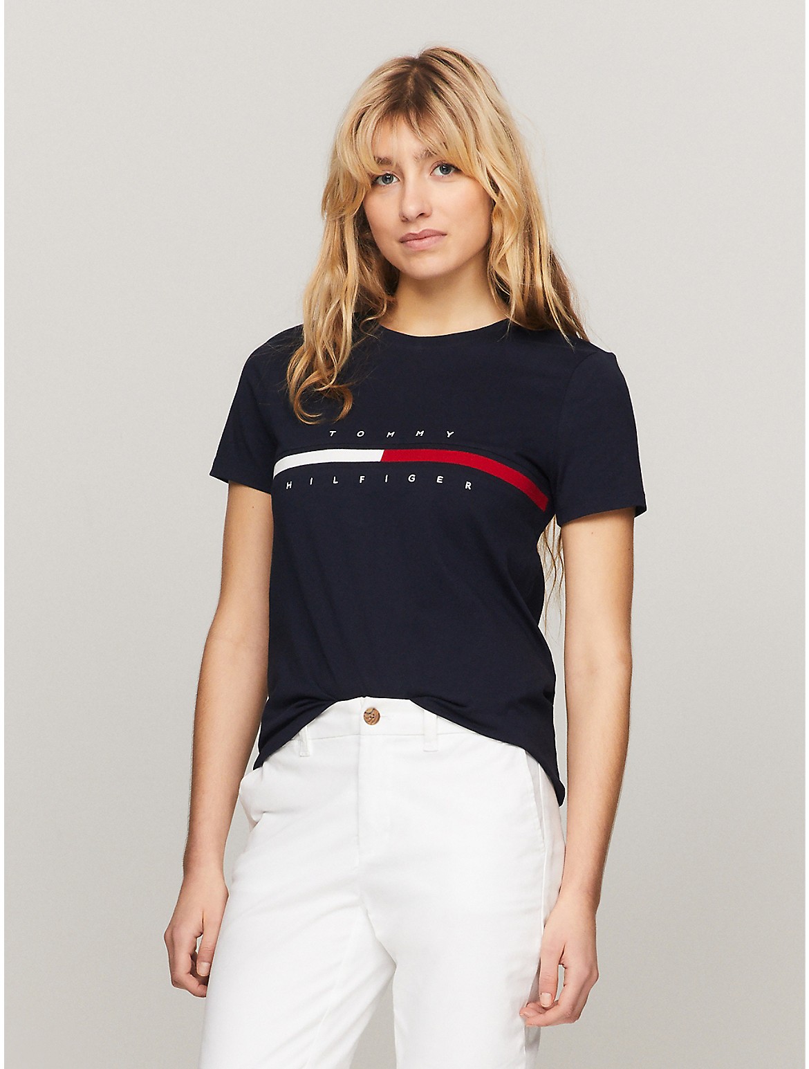 Tommy Hilfiger Women's Embroidered Flag Stripe Logo T-Shirt - Blue - M
