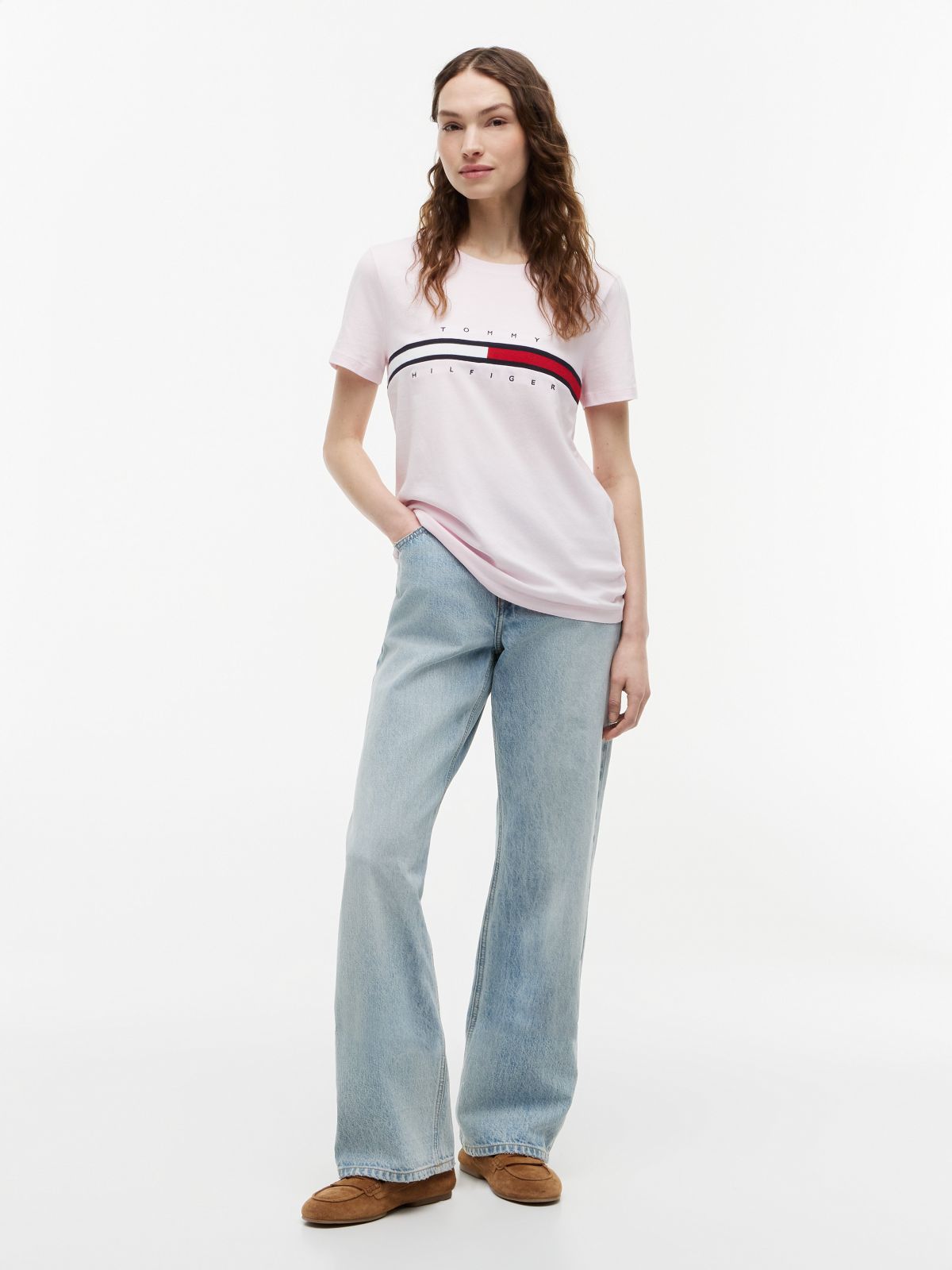 Embroidered Flag Stripe Logo T-Shirt — Light Pink