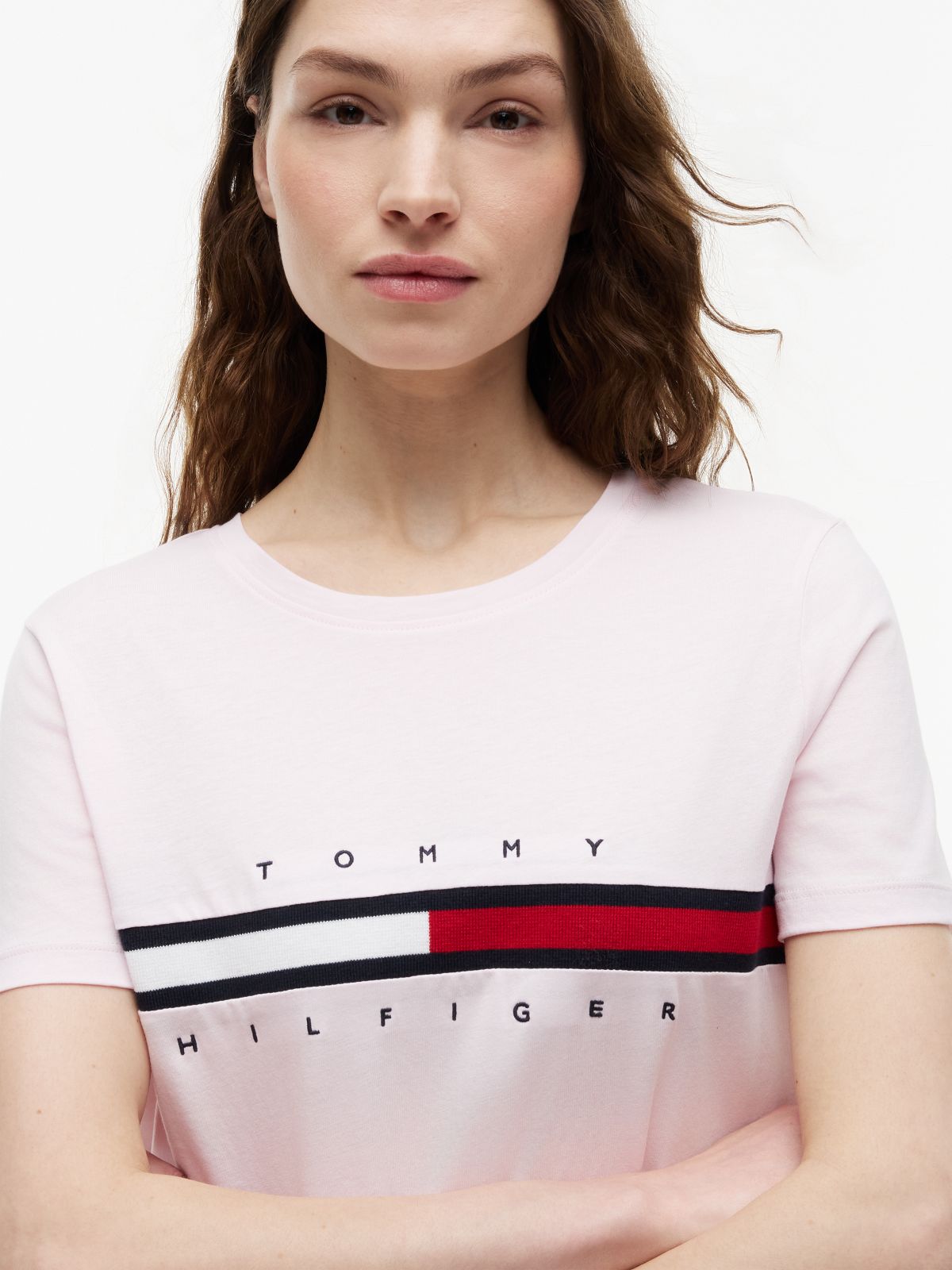 Embroidered Flag Stripe Logo T-Shirt — Light Pink