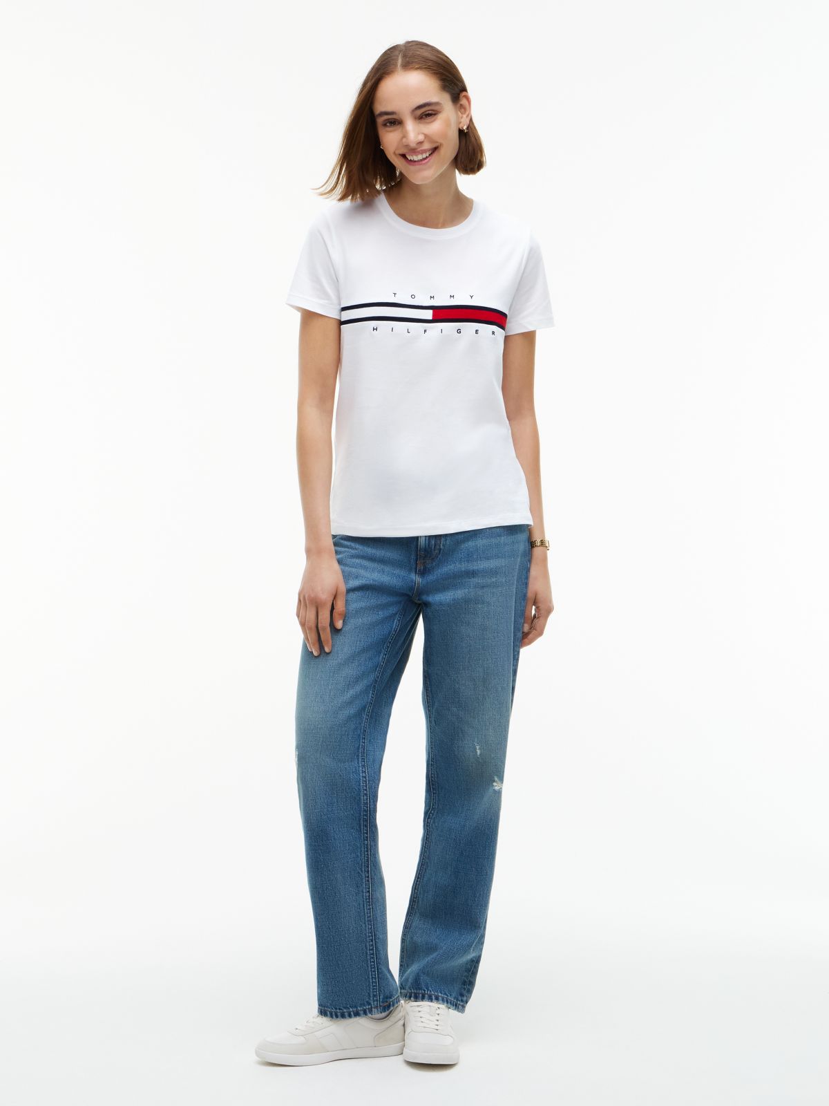 Embroidered Flag Stripe Logo T-Shirt — Optic White