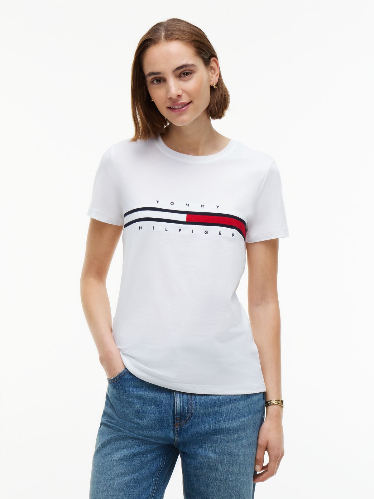 Embroidered Flag Stripe Logo T-Shirt — Optic White