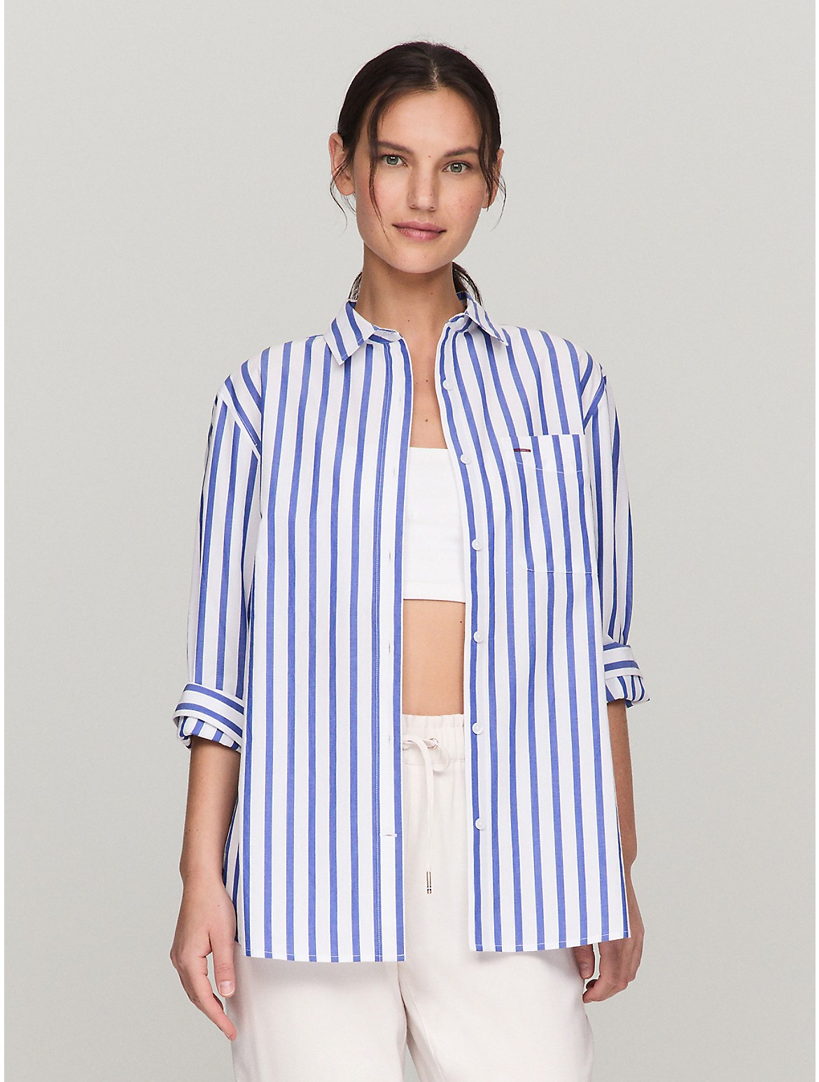 Shop Tommy Hilfiger Oversized Stripe Poplin Shirt In Royalty Multi